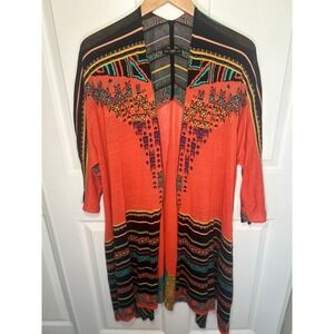 IVKO Coatigan Intarsia Pattern 2XL 3XL Cinnabar Orange Linen Blend Open Cardigan